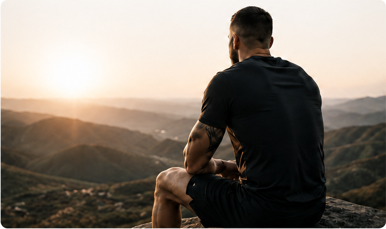 Person blickt bei Sonnenaufgang über eine Berglandschaft
