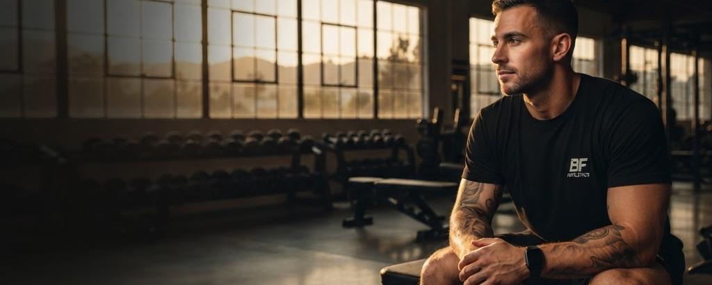 Personal Trainer sitzt nachdenklich auf einer Bank im Gym