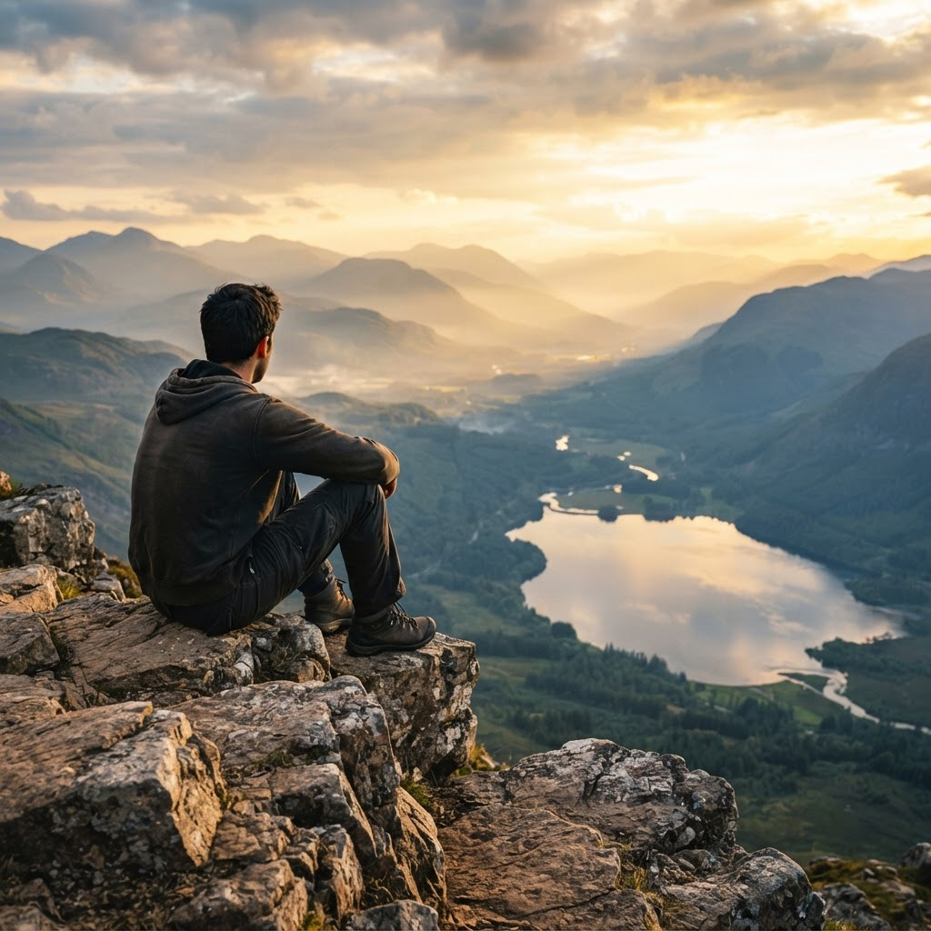 Mann sitzt bei Sonnenuntergang auf einem Felsen und blickt über die Berge